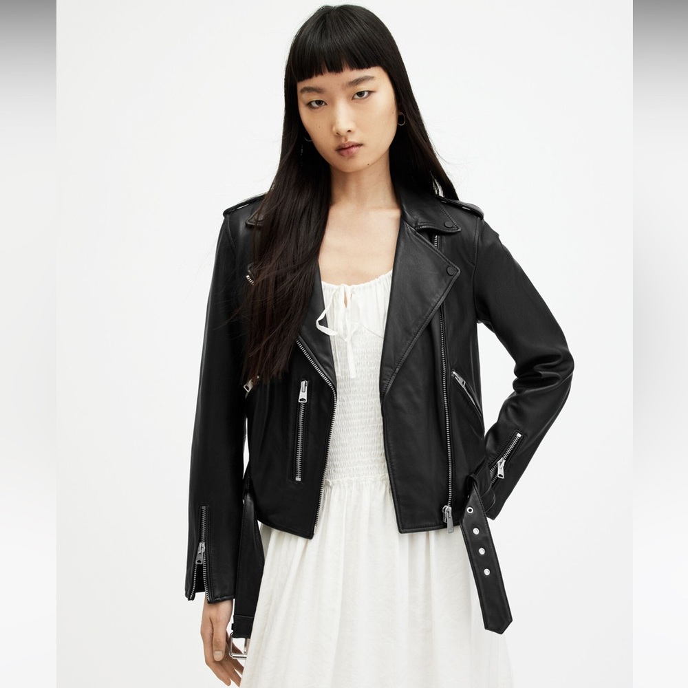All Saints Black Balfern Belted Hem Leather Biker Jacket Size 2 - Picture 6 of 13